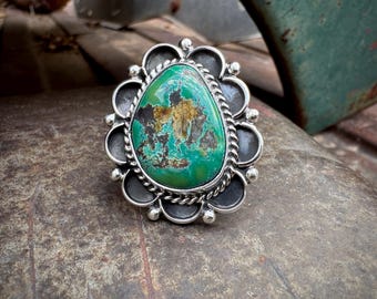 Traditional Navajo Green Turquoise Sterling Silver Ring Approx Size 10, Native American