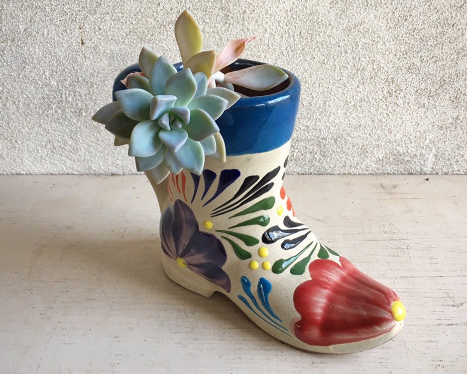 Mexican Pottery Cowboy Boot Vase with Handle, Western Southwestern