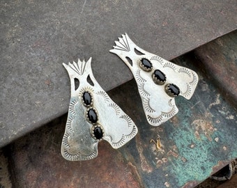 Navajo Ben Yazzie Clip On Earrings of Teepee Sterling Silver Black Onyx, Vintage Native American