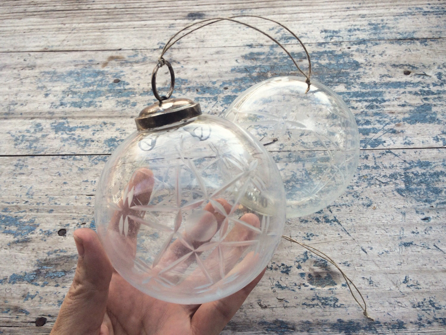 Clear Kugel style orb clear snowflake etched glass Christmas ornament