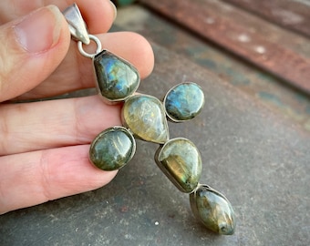 Vintage 3" Labradorite Sterling Silver Cross Pendant Necklace, Bohemian Jewelry, June Birthday