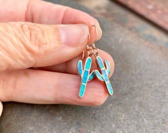 Tiny Synthetic Opal Cactus Earrings in Sterling Silver w/ Copper Vermeil Wash, Southwestern Gift