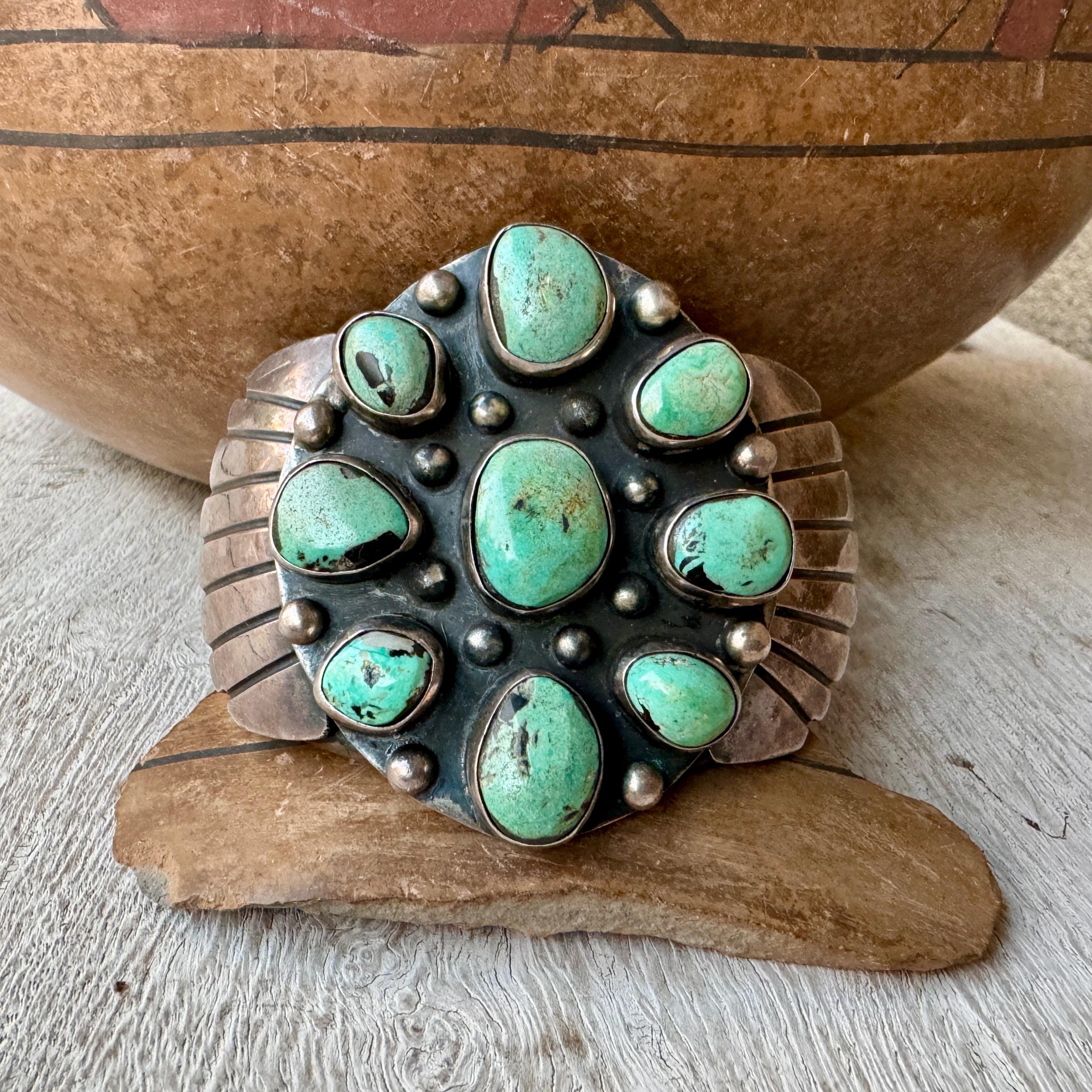 Stunning Vintage Native American Navajo Blue Green Turquoise Cluster Sterling Silver Bracelet Stunning Vintage Native American Navajo Blue Green Turquoise Cluster Sterling Silver Bracelet