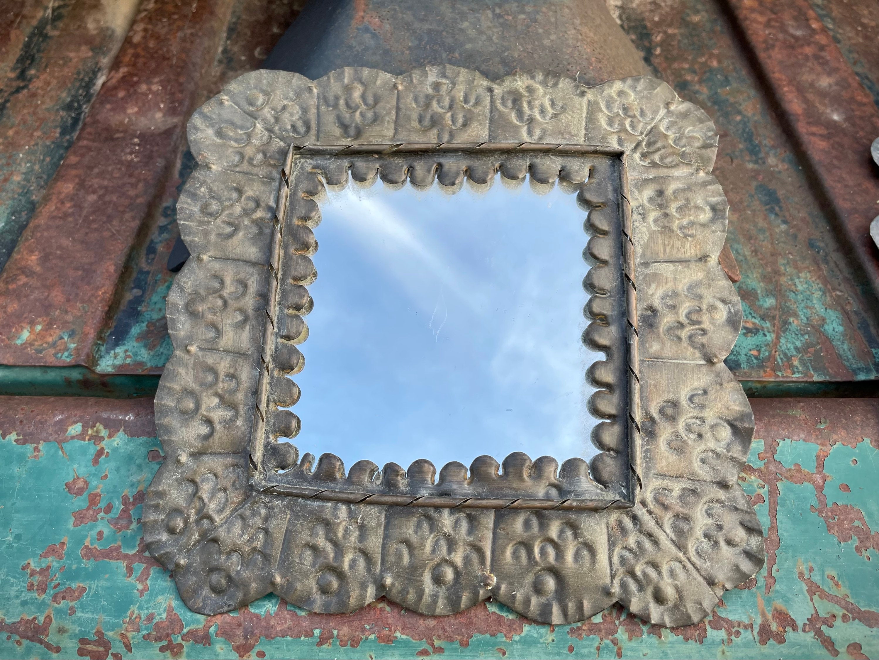 Small Mexican Tin Frame with Mirror for Wall, Mexican Home Decor, Altar