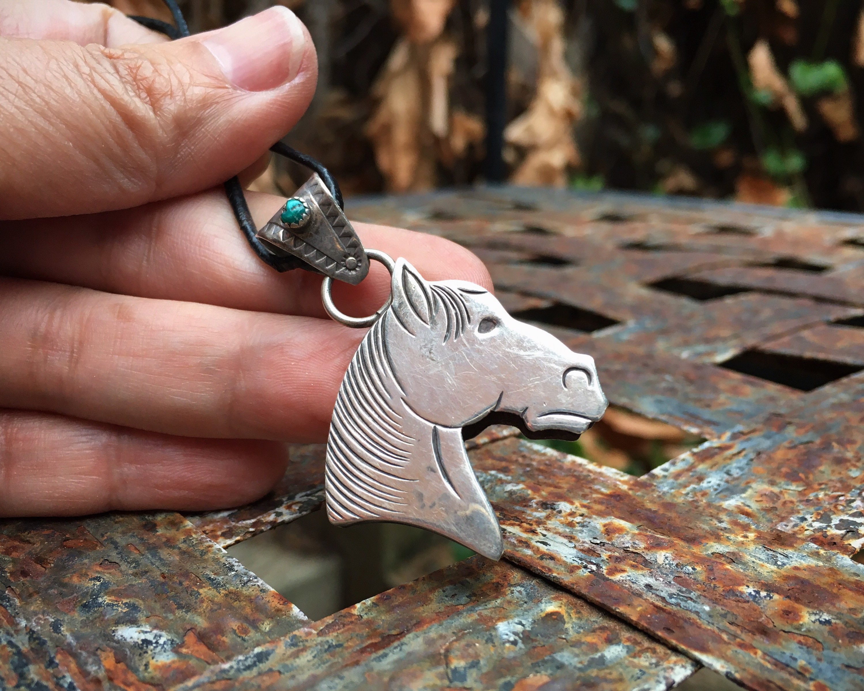 Quality Hand Tooled Vintage Native American Navajo Turquoise Sterling Silver Horse Necklace Quality Hand Tooled Vintage Native American Navajo Turquoise Sterling Silver Horse Necklace