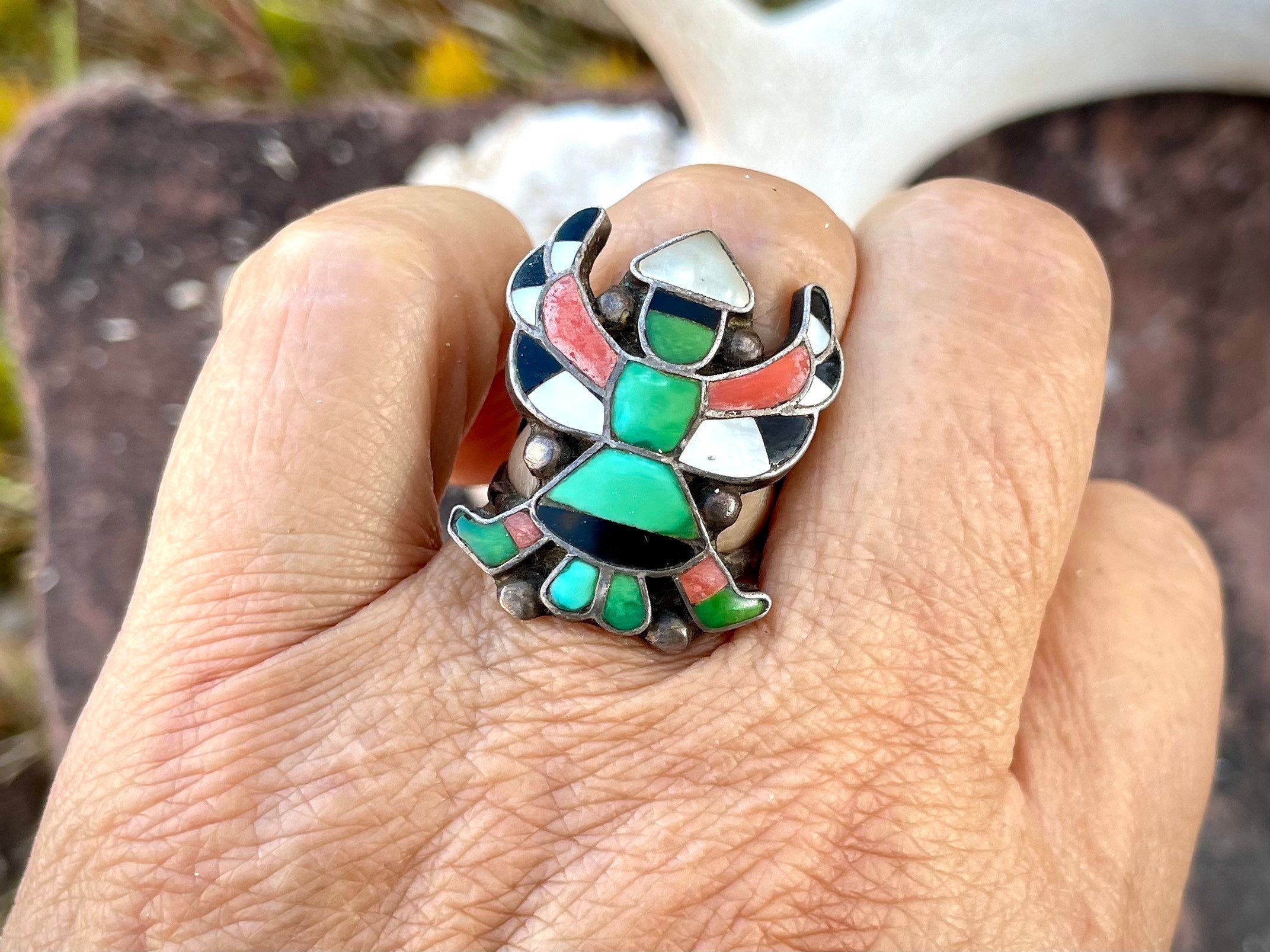 Amazing Vintage Native American Zuni Inlay Turquoise Jet Coral Sterling Silver Knifewing Ring Amazing Vintage Native American Zuni Inlay Turquoise Jet Coral Sterling Silver Knifewing Ring