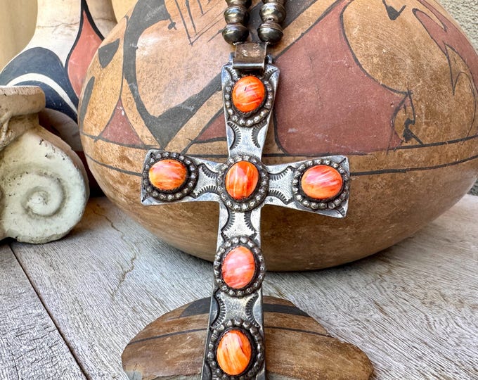 Featured listing image: Navajo Sterling Silver Spiny Oyster Cross Pendant Necklace, Large 2.5" x 4"