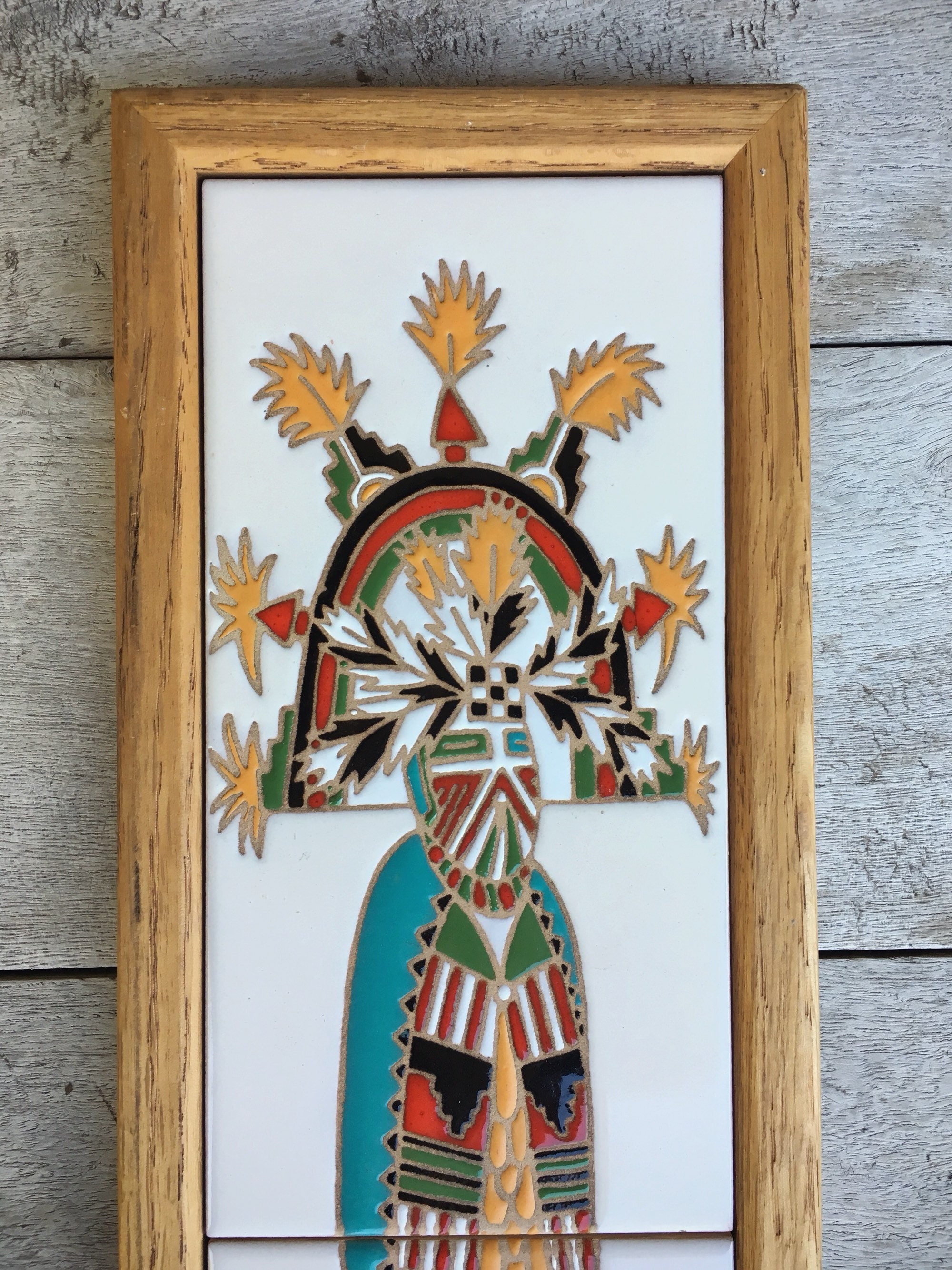 Framed Kachina Ceramic Tile Narrow Wall Hanging, Southwestern Wall Decor, Ceramics and Potttery