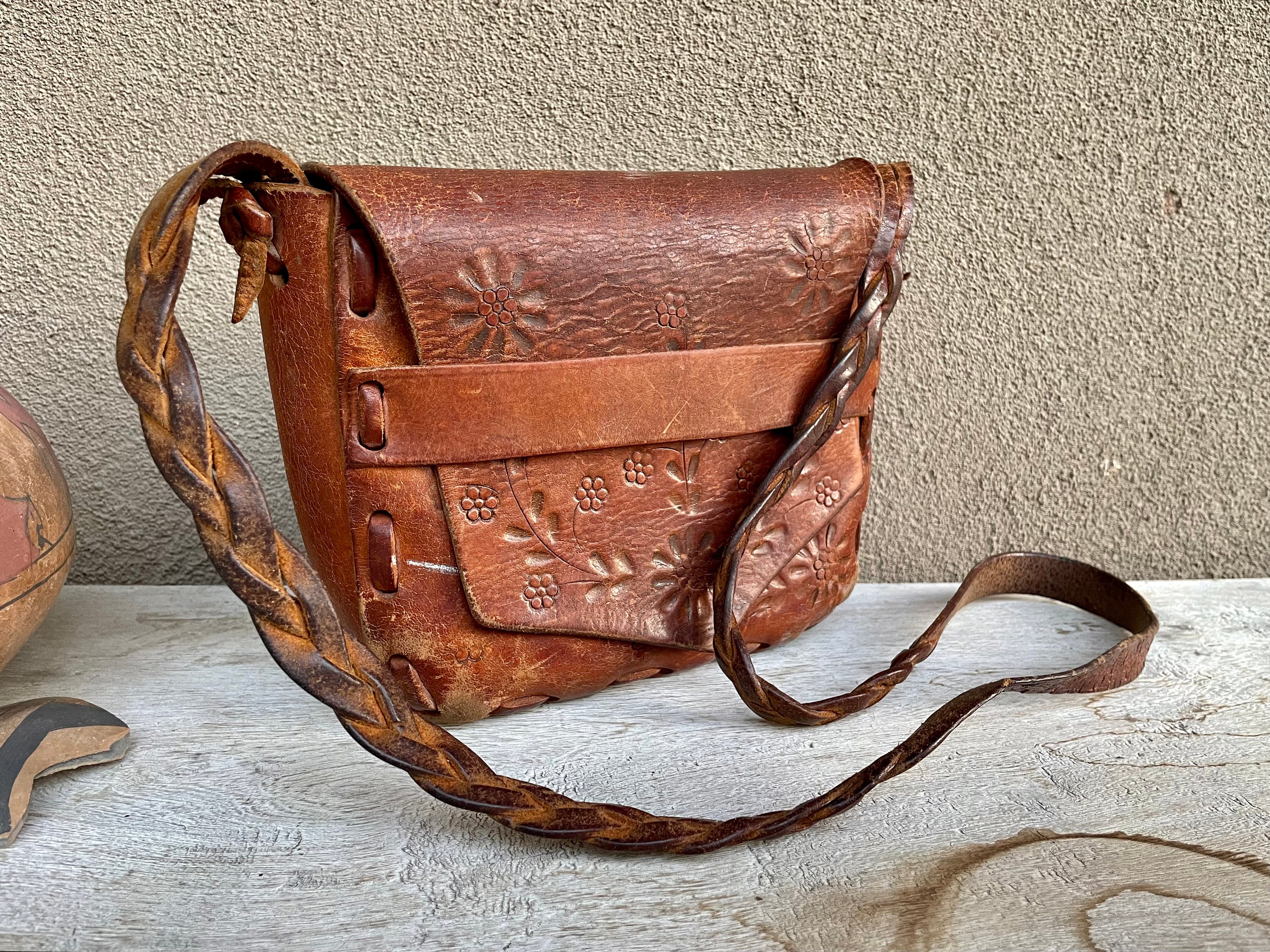 Vintage Hand Tooled Faux Leather Purse 60s/70s Embossed Floral 