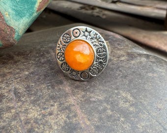 Vintage Sterling Silver Amber Ring Size 7, Petroglyph Celestial Tribal Stamps
