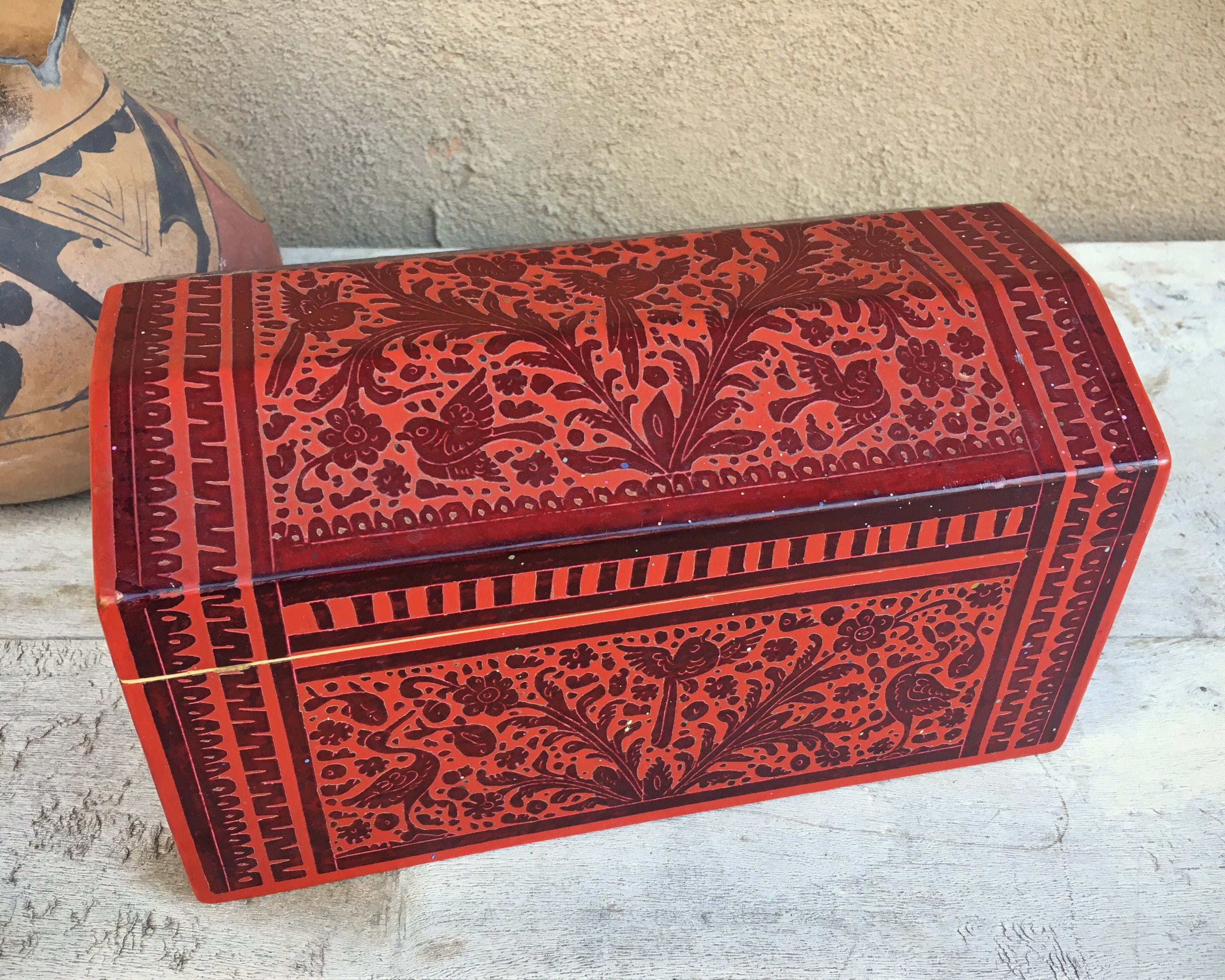 Vintage Mexican Red Lacquer Painted Wood Box with Flowers and Birds