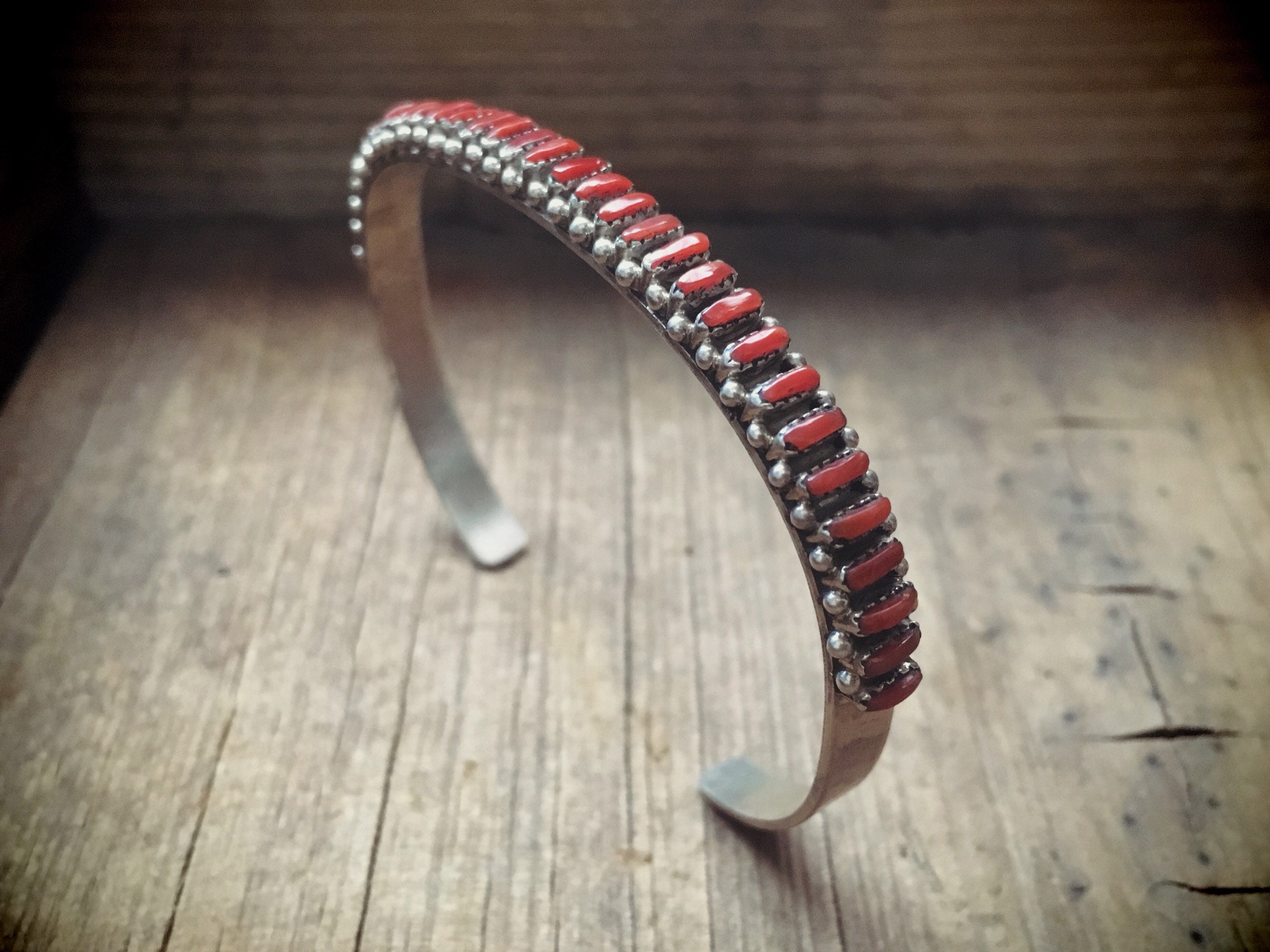 Signed Zuni Coral and Silver Row Bracelet for Women, Native American