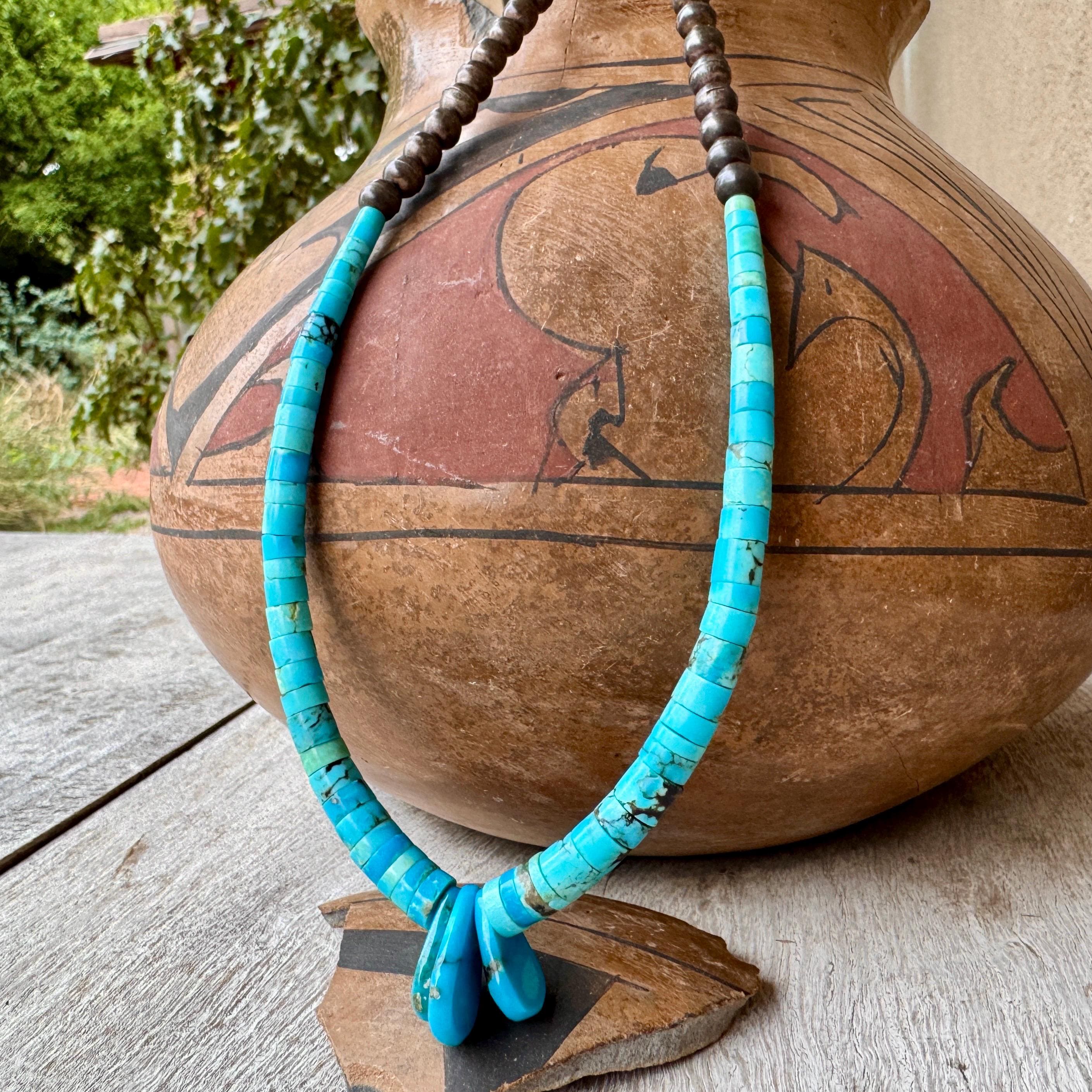 Museum Quality Vintage Santo Domingo Graduating Turquoise Heishi Native American Jewelry Silver Necklace Museum Quality Vintage Santo Domingo Graduating Turquoise Heishi Native American Jewelry Silver Necklace