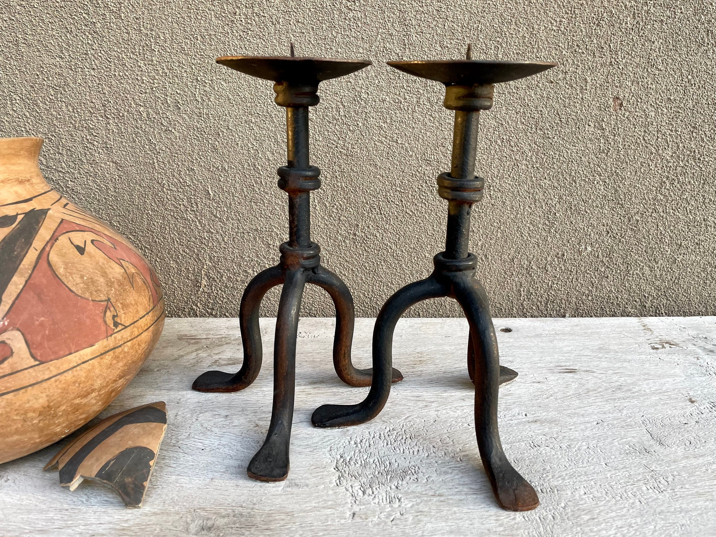 Pair of Vintage Iron Tabletop Candle Holders, Southwestern Home Decor