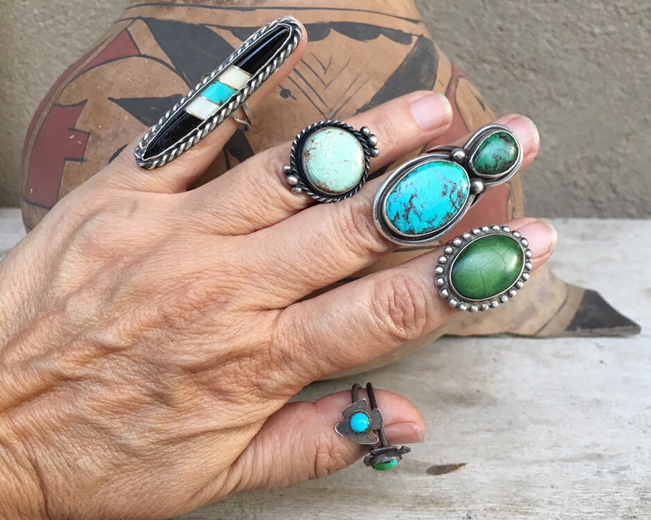 Fred Harvey Era Green Turquoise Ring for Women Size 4.5, Old Pawn