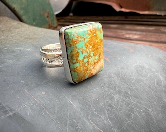 Vintage Signed Navajo Green Turquoise Ring Approx Size 10, Square Rectangle Shape