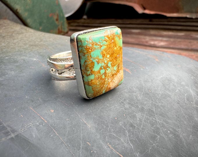 Featured listing image: Vintage Signed Navajo Green Turquoise Ring Approx Size 10, Square Rectangle Shape