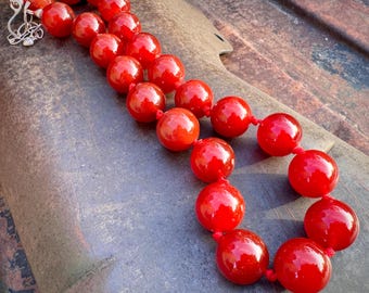 Vintage Carnelian Bead Necklace 20" Slightly Adj, Knotted Silk, 925 China Stamp