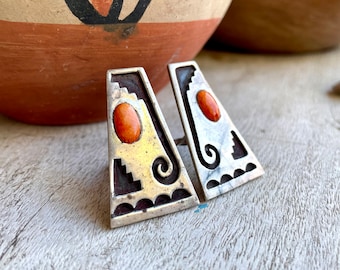 Vintage Sterling Silver Overlay Spiny Oyster Clip On Earrings for Non-Pierced Ears, Hopi or Navajo Native American Indian Jewelry for Women