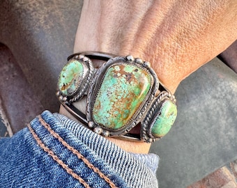 Vintage Three-Stone Green Turquoise Cuff Bracelet Approx Size 6, Small Wrist