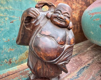 Vintage Solid Wood Carved Hotei Buddha Figure 7" Tall, Dark Stain, Zen Minimalist Decor