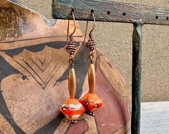 Vintage Copper Dangle Earrings w/ Orange Glass Fusion Bead, Southwestern Boho Style