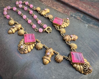 Art Nouveau Deco Brass with Pink Slag Glass Necklace Approx 18", Neiger Brothers Czech Style