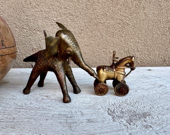 Two India Brass Animals, Dhokra Elephant & Miniature Temple Toy