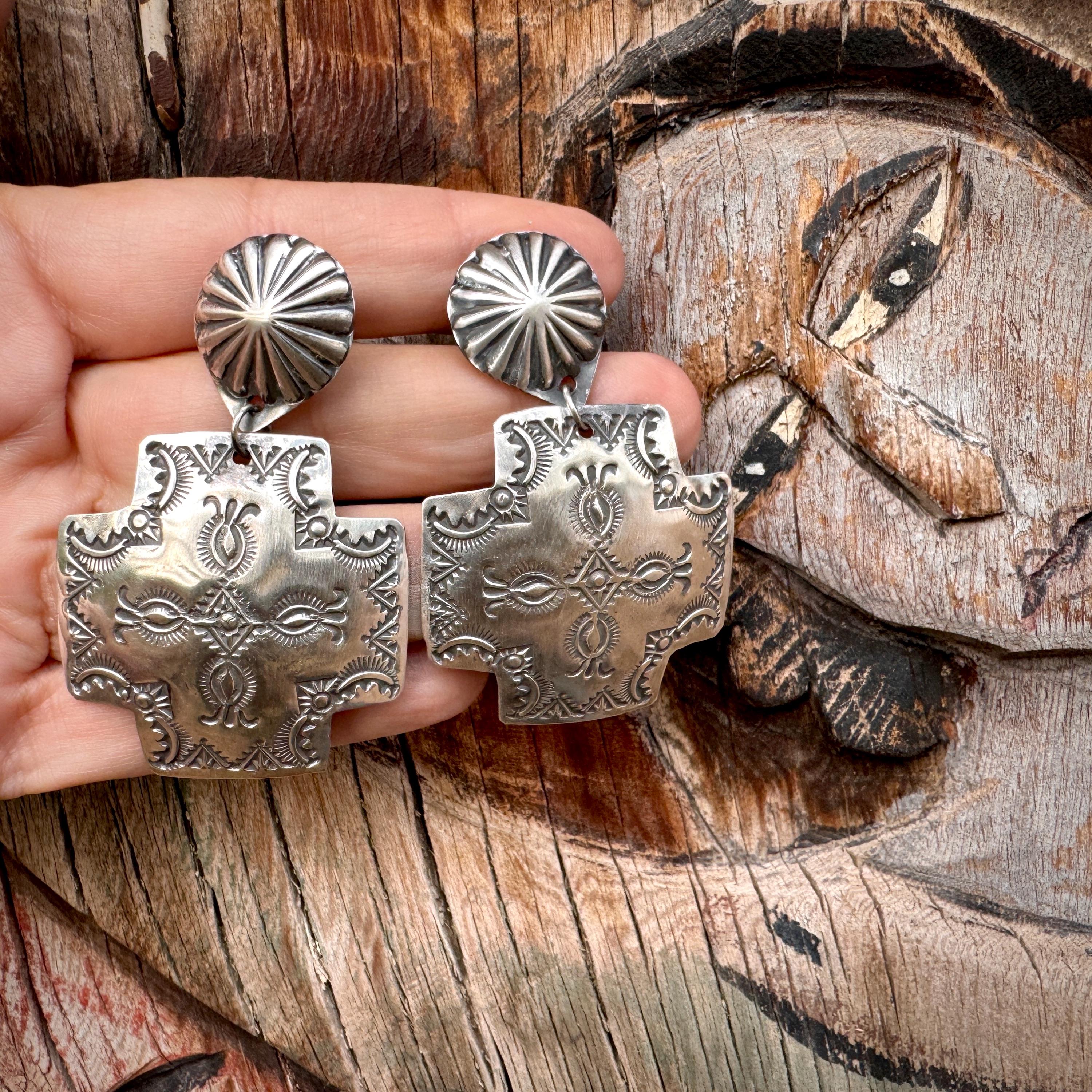 Exceptional Navajo Sterling Silver Repousse Cross Earrings Native American Exceptional Navajo Sterling Silver Repousse Cross Earrings Native American