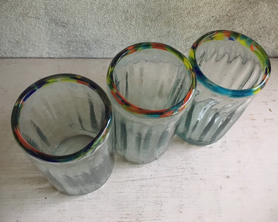 Three Mexican Blown Glass Tumblers Clear with Multi Color Rim, Chunky