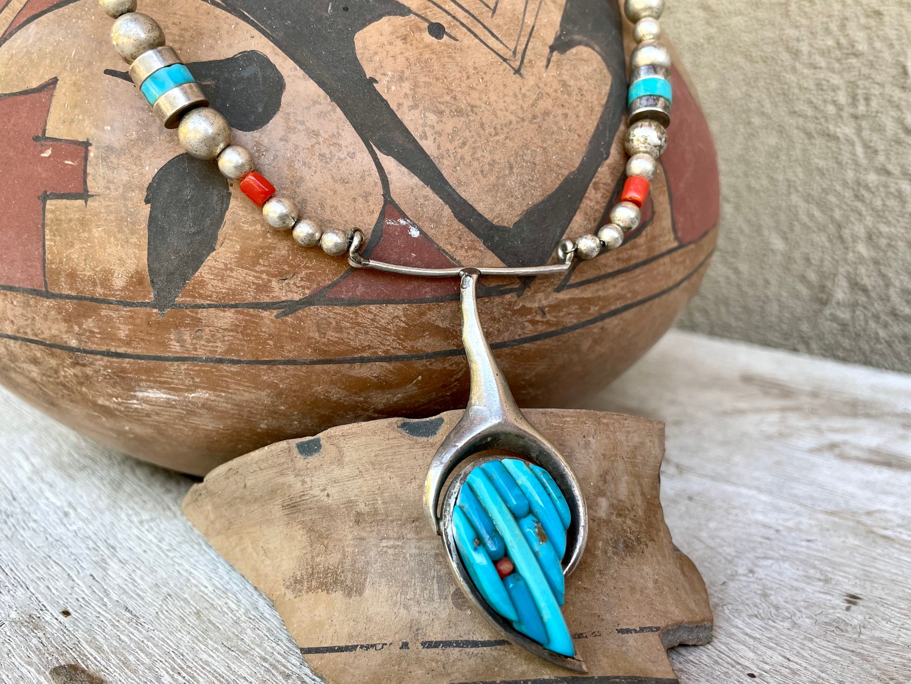 Navajo Pete Sierra Cornrow Inlay Turquoise Pendant Necklace for
