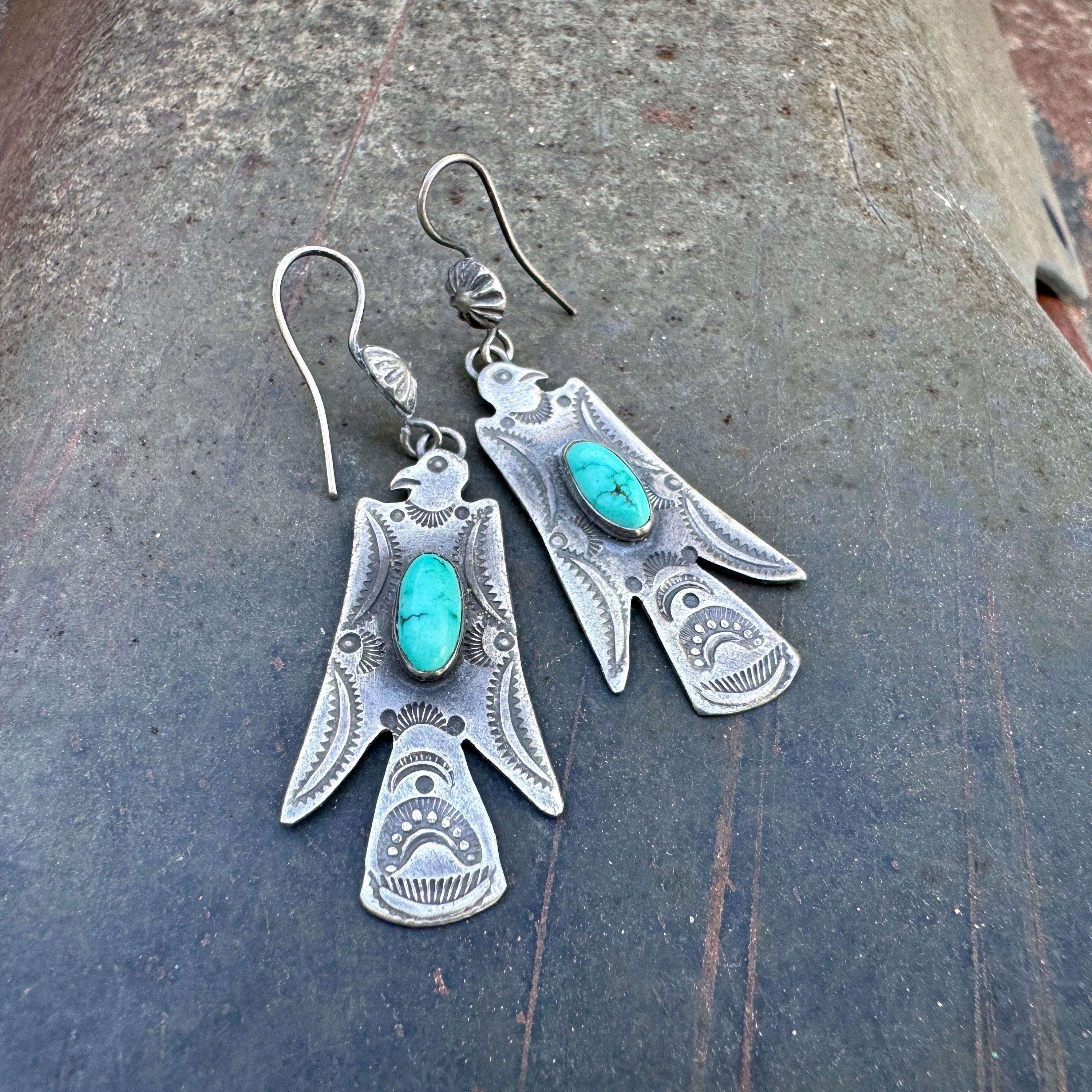 Vintage Thunderbird Earrings in Fred Harvey Style, Navajo Vintage Thunderbird Earrings in Fred Harvey Style, Navajo