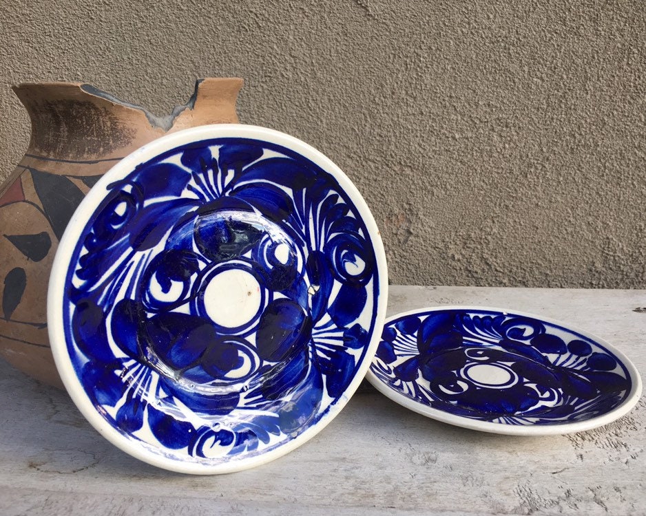 Two Talavera Saucers or Salad Plates Blue and White Mexican Pottery
