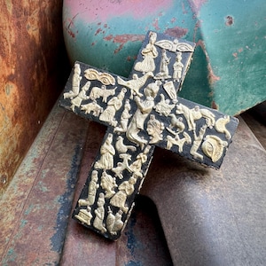Vintage Estela Ogazon Mexican Milagro Wall Cross Approx 6.25 x 7.5&quot;, Religious Folk Art