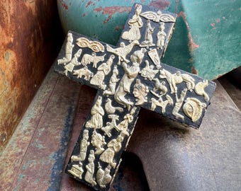 Vintage Estela Ogazon Mexican Milagro Wall Cross Approx 6.25 x 7.5", Religious Folk Art