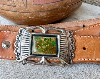 Vintage Sandcast Silver Buckle w/ Green King's Manassa Turquoise on Leather Concho Belt 38" to 42" Waist, Native American Western Fashion