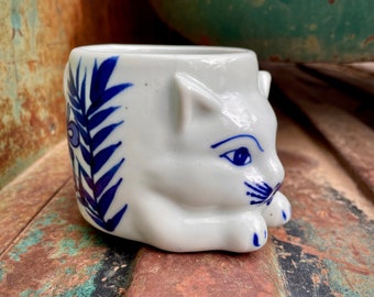 1996 Porcelain Cat Mug or Vase Blue Off-White by Seymour Mann, Whimsical Style, Kitty Cup