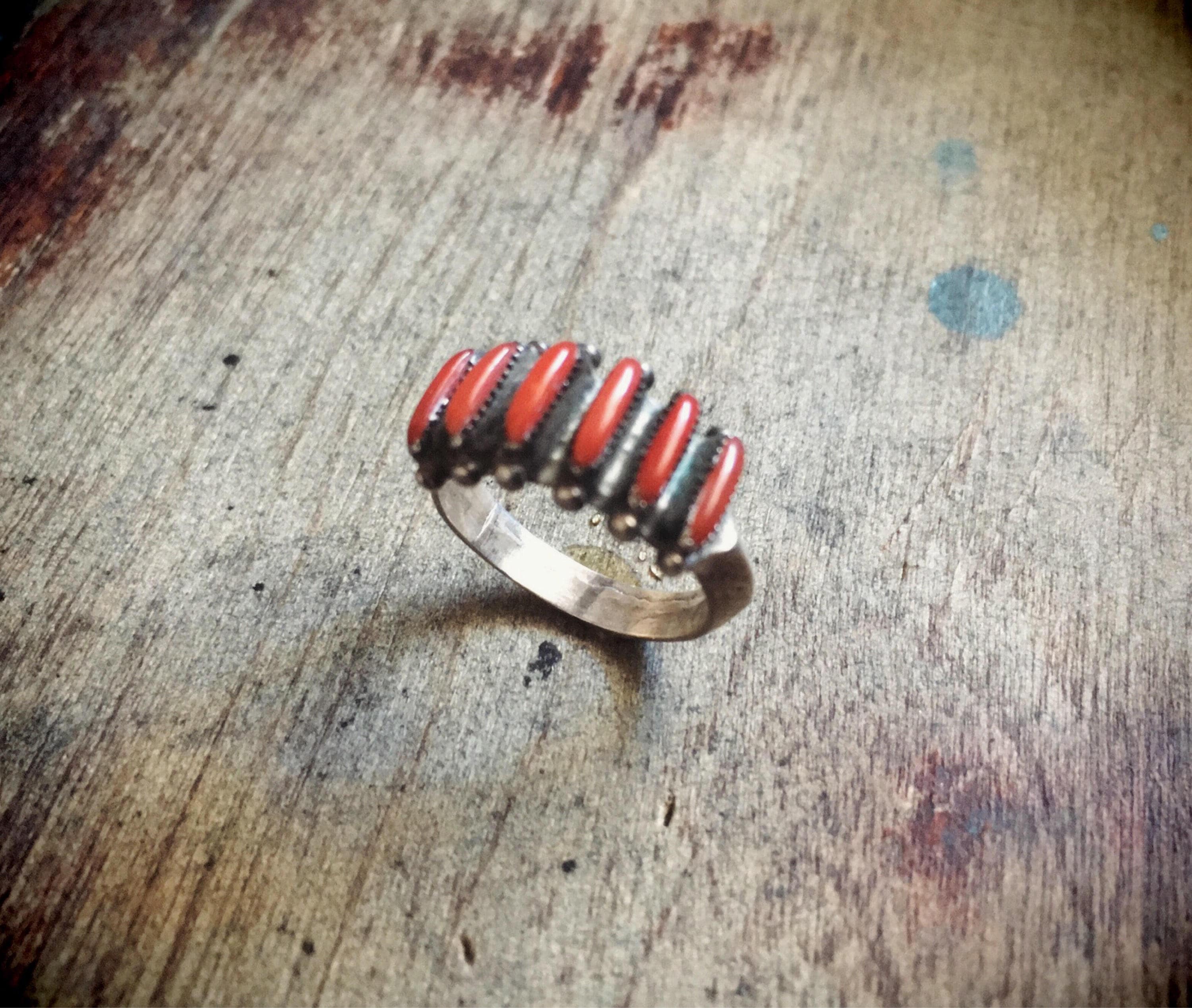 Signed Zuni Coral Ring Needlepoint Jewelry, Native American Indian Ring