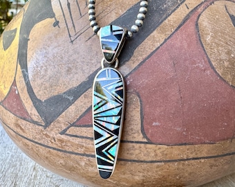 Navajo Ervin Hoskie Necklace, Onyx Opal Inlay Pendant on Navajo Pearls 18" 2-3mm Beads