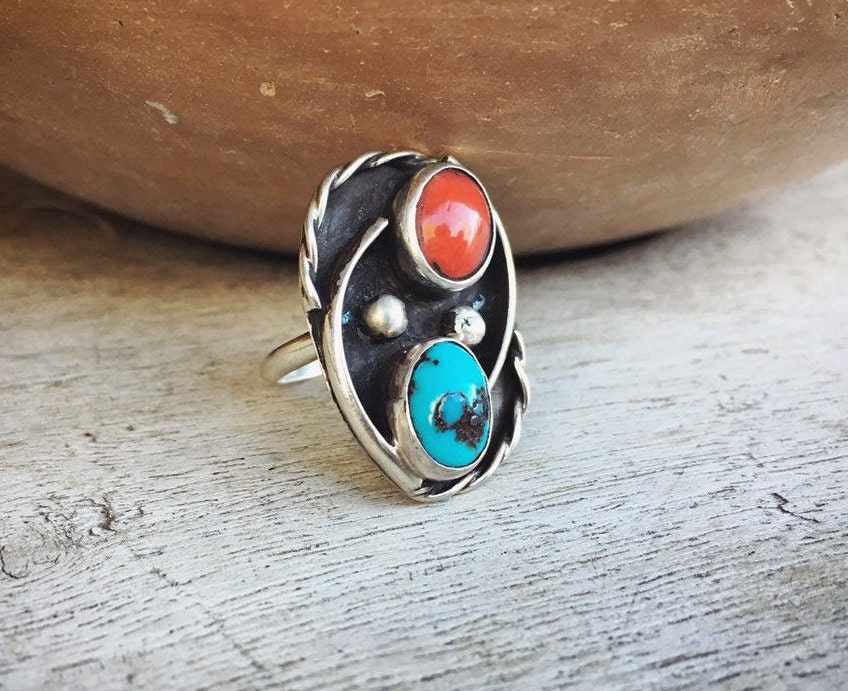 Vintage Size 7 Coral Turquoise Ring for Women, Native American Indian ...