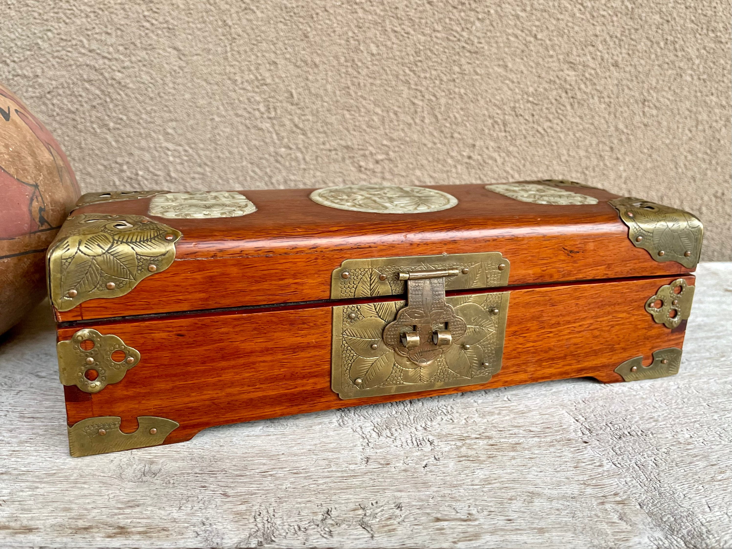 Vintage Chinese Rosewood and Jade Jewelry Box with Red Satin Lining