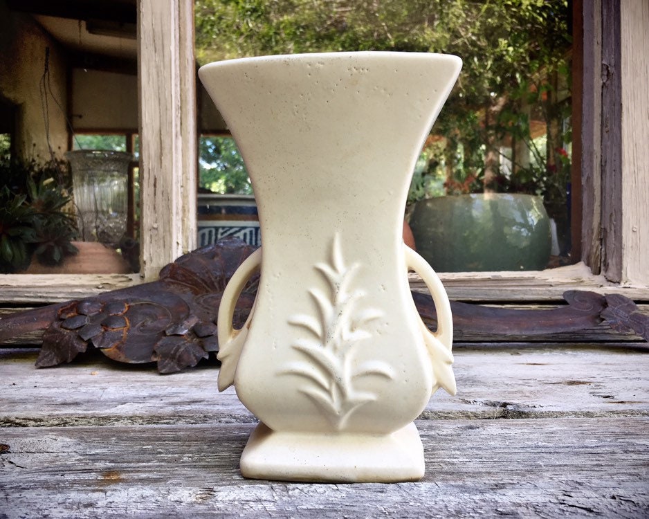 Vintage McCoy Pottery Vase Matte White Double Handle Vase Leaf Art Deco