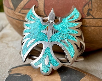 1970s Sterling Silver Crushed Turquoise Peyote Bird Cuff Bracelet Size 6.25, Vintage Native American Indian Jewelry for Women Small Wrist