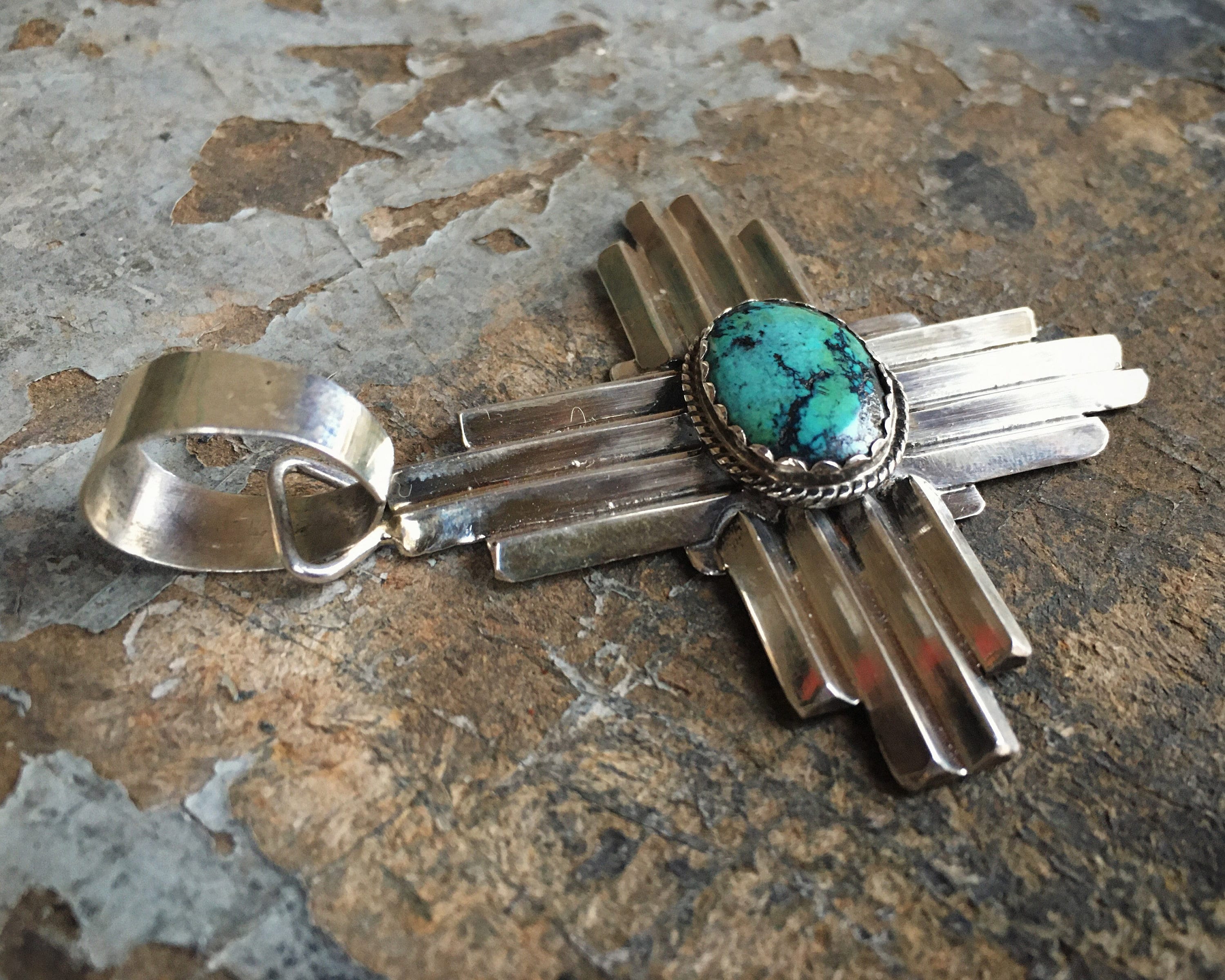 Sterling Silver and Turquoise Zia Pendant for Necklace, Native America