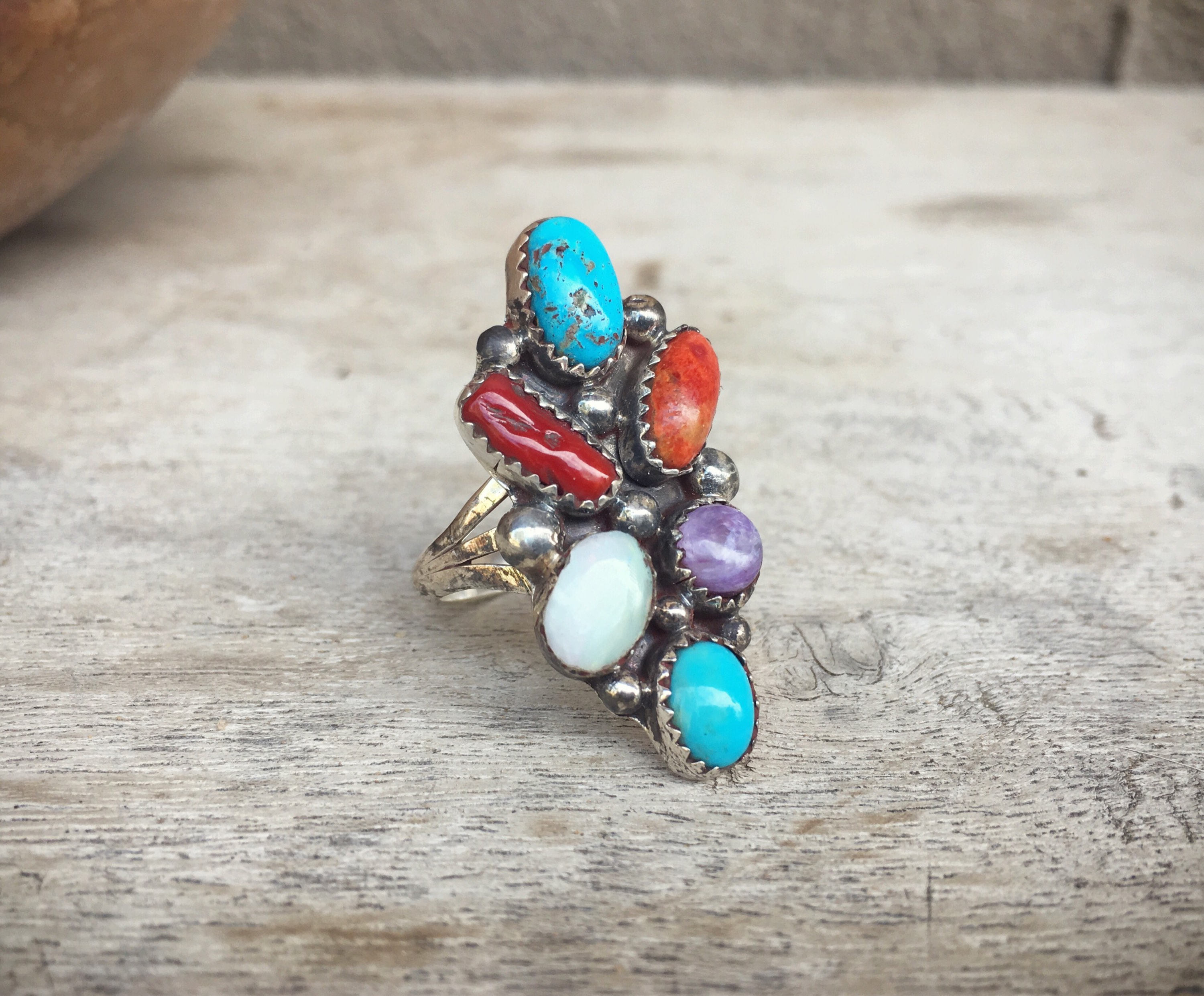 Important 'Multi Technique' Vintage Navajo Coral Opal Native American Jewelry Silver Ring Important 'Multi Technique' Vintage Navajo Coral Opal Native American Jewelry Silver Ring