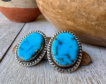 Vintage Sterling Silver Morenci Turquoise Post Earrings Approx 1.5"