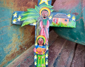 Painted Metal Wall Cross Depicting The Holy Family, Haitian Oil Drum Art