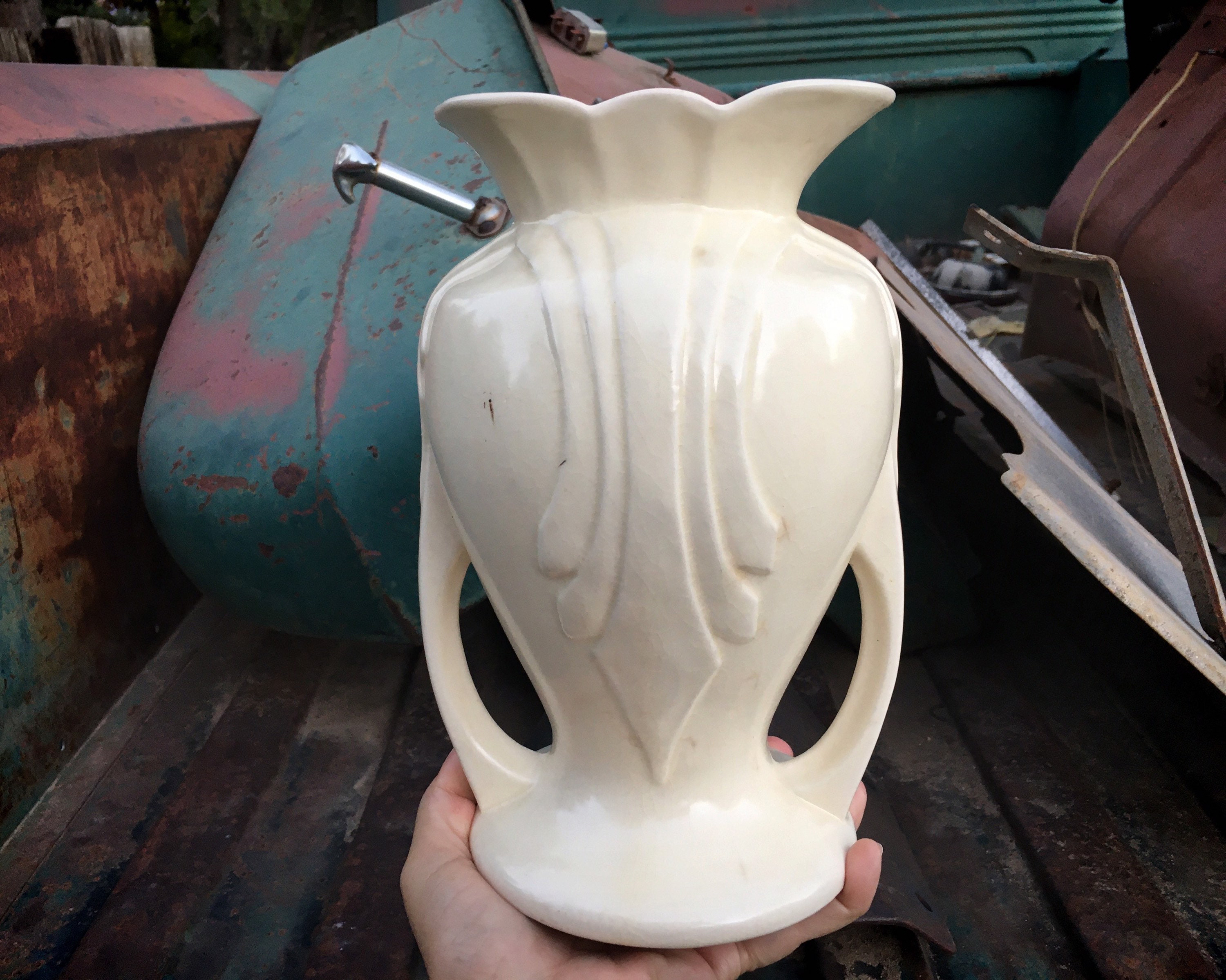 Vintage Matte White Pottery Vase with Handles Stamped USA 48, Wedding