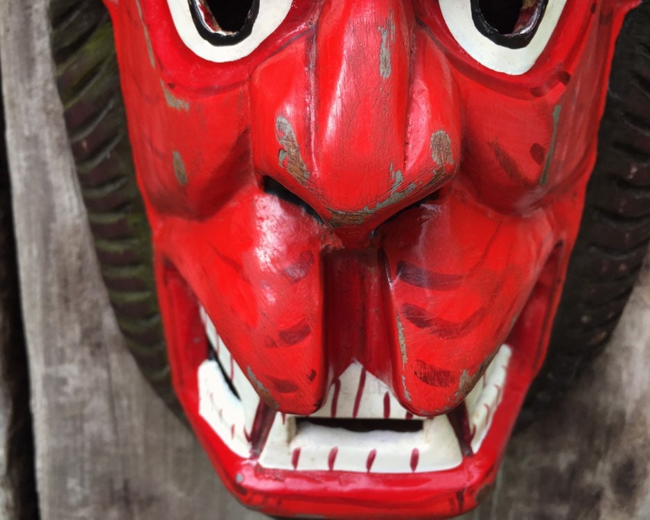 Red Wolf Man Mexican Mask Wall Hanging Rustic Home Bohemian Decor, Guerrero Mexico Nahua Folk Art