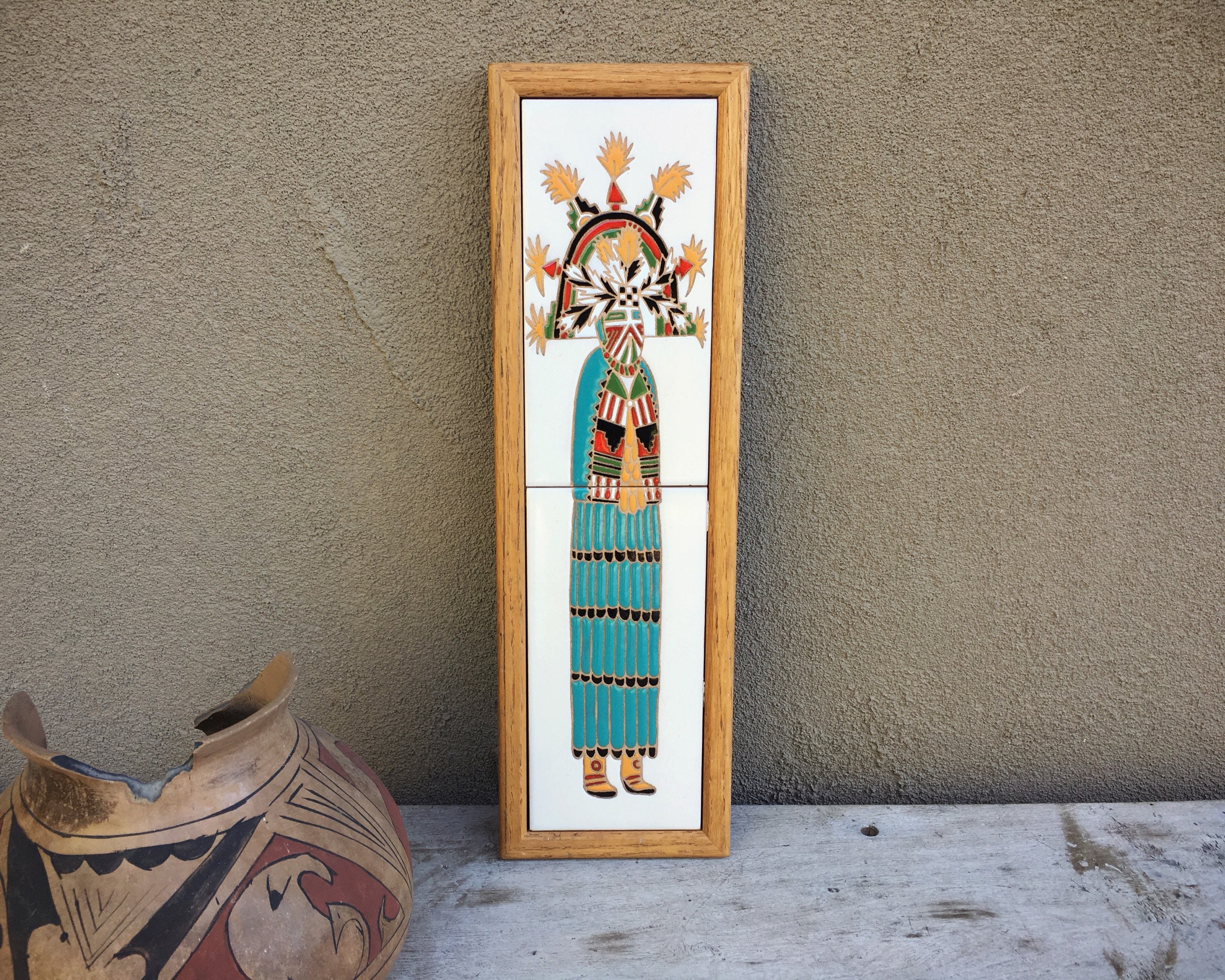 Framed Kachina Ceramic Tile Narrow Wall Hanging, Southwestern Wall